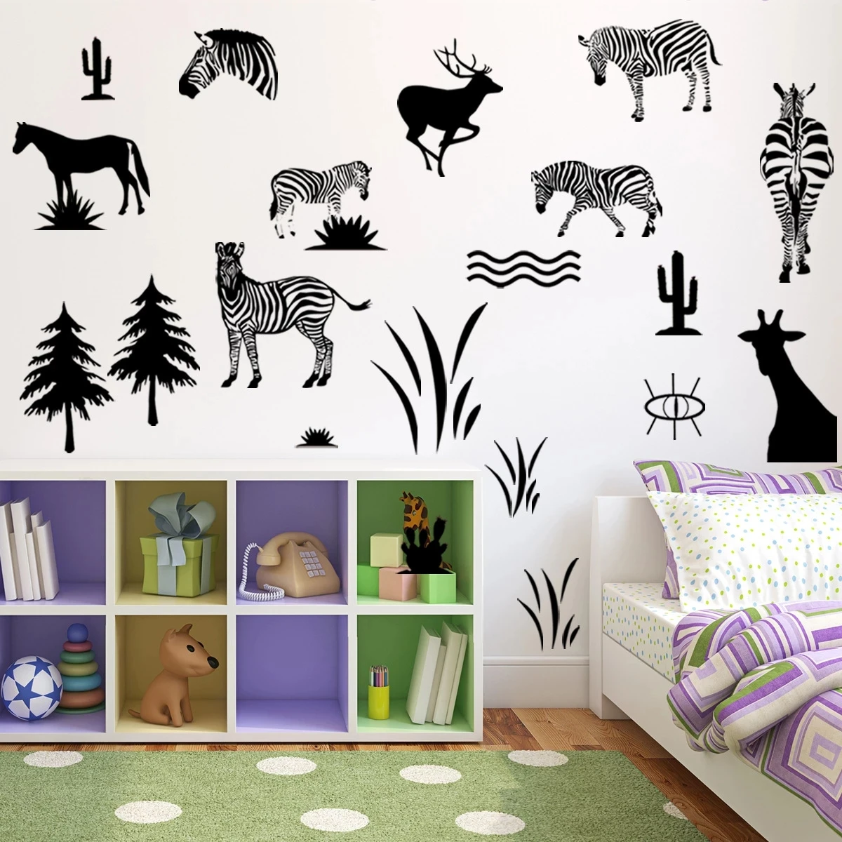 

Black Animals Zebra Wall Stickers Pine Tree Cactus DIY Baby Living Room Bedroom Creative African Grassland Wall Decals PVC