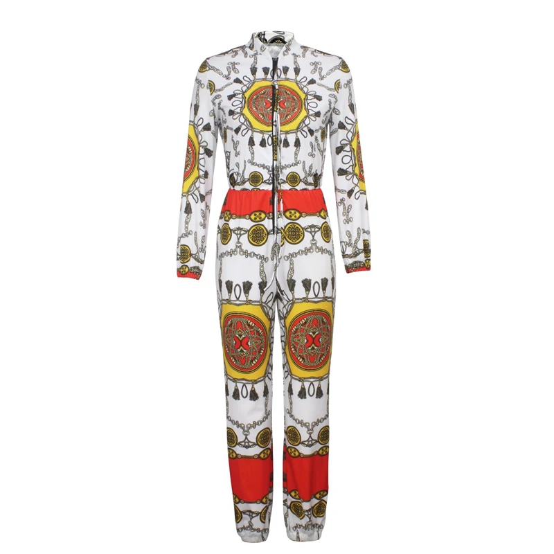 Women Long Sleeve Zip Up Jumpsuit Vintage Printed Regular Fit Long Jumpsuit Elegant Holidays Beachwear Office Lady Workwear