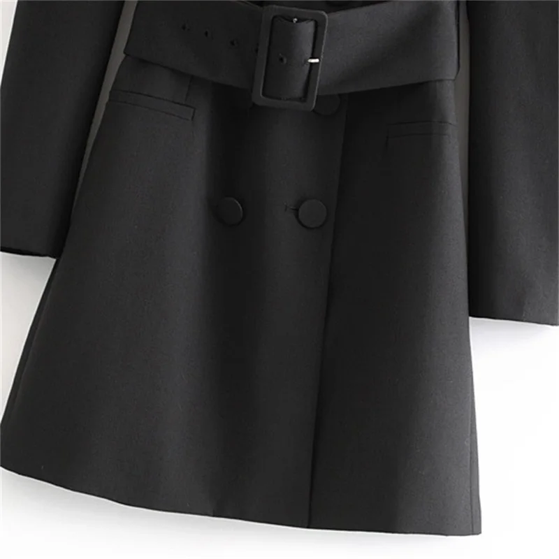

ZXQJ Women 2020 Fashion Vintage Stylish Office Wear Double Breasted Blazer Long Puff Sleeve With Belt Female Outerwear Chic Tops