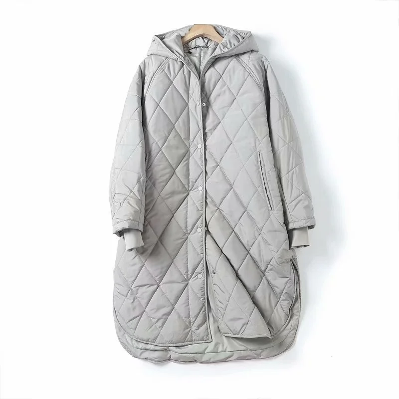 

Black Grey Coat Cotton Winter Women Hooded Argyle Long Sleeve Button Simple Loose Warm Casual Female Overcoat Fashion 2022 N33