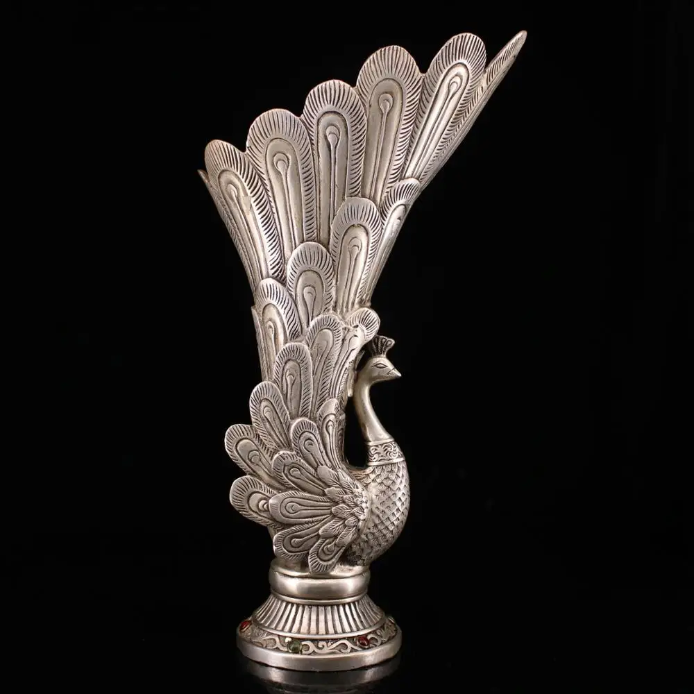 

wedding decoration copper gilt silver inlaid gemstone peacocks statue mythical Suzaku vase Pen holder