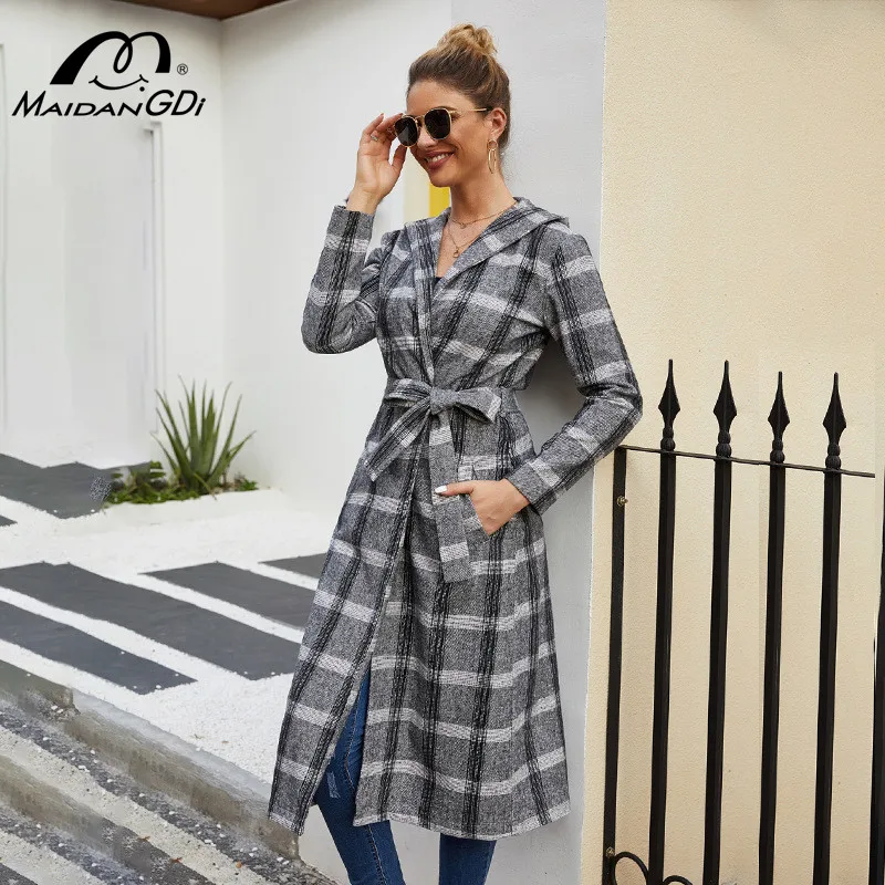 

MAIDANGDI Woman Grid Wool Coat 2020 New Winter Warm Loose Long Elegant Turn Down Collar Large Size