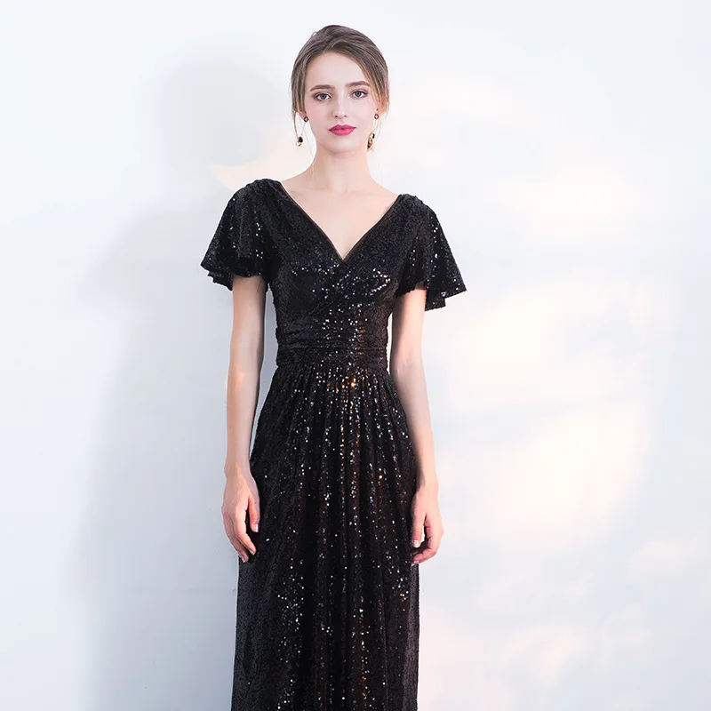 

Glamorous Sequins A-Line V-Neck Floor-Length Evening Dresses Short Sleeves Ruched Zipper-up Sexy Formal 2021 New Gown