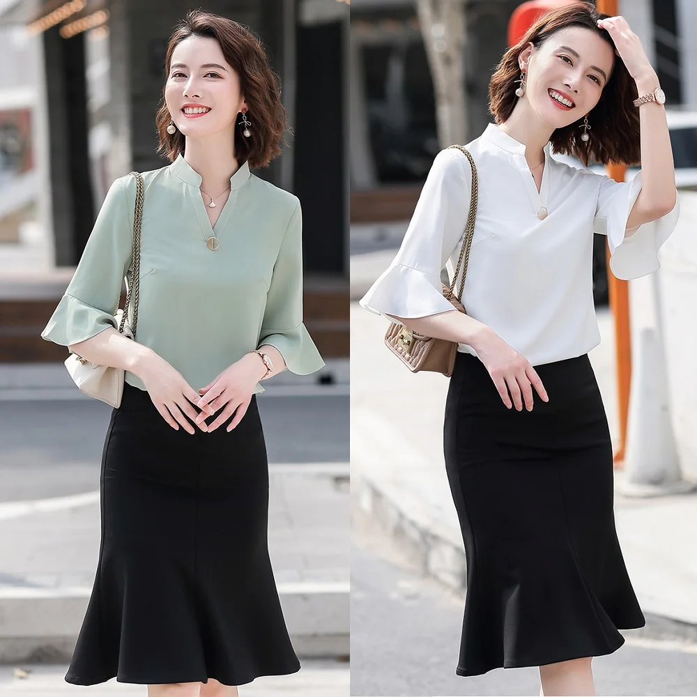 Летние модные женские Рабочие блузки и рубашки офисные комплекты из 2 предметов с