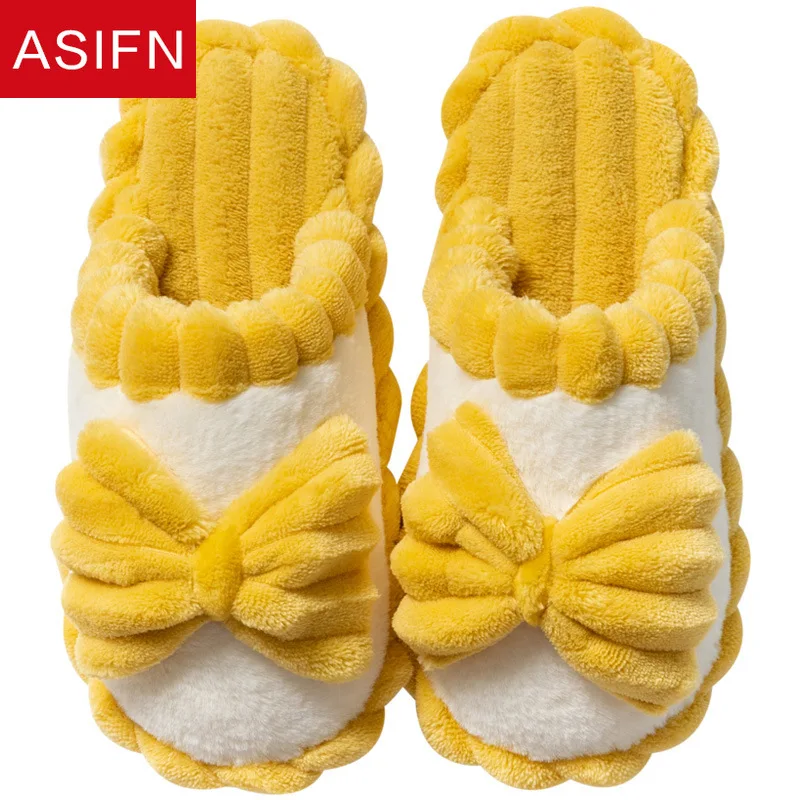 

ASIFN Cute Bowknot Winter Home Women Fur Slippers Cute Design Warm Plush Bedroom Non-slip Couples Flock Indoor Ladies Shoes