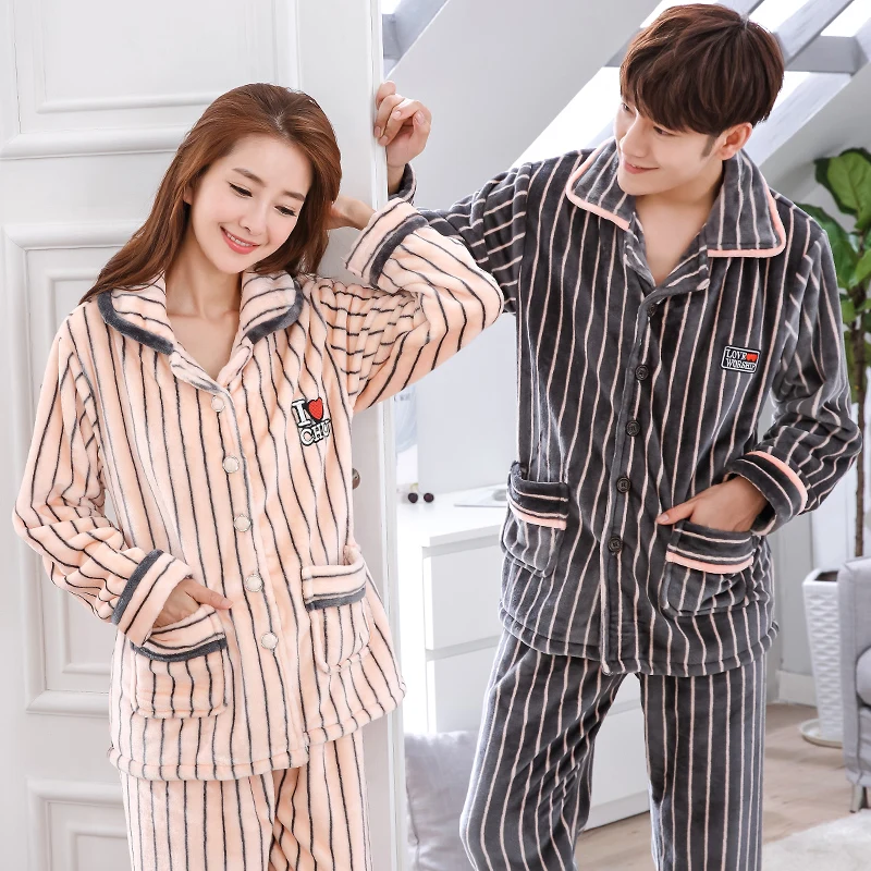

Winter Thicken Warm Flannel Pajama Sets for Women Men Lovers Couple Long Sleeve Coral Velvet Sleepwear Suit Loungewear Homewear