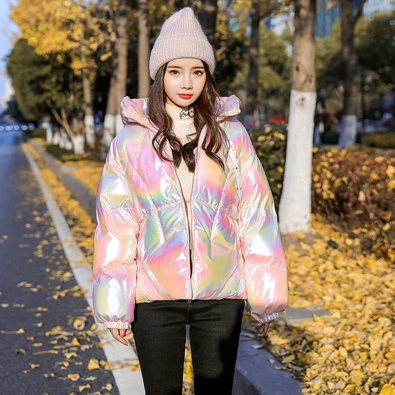 

New Winter Jacket Women Short Glossy Down Cotton Padded Parkas Hooded Bright Shiny Warm Thick Down Parkas Female Coats