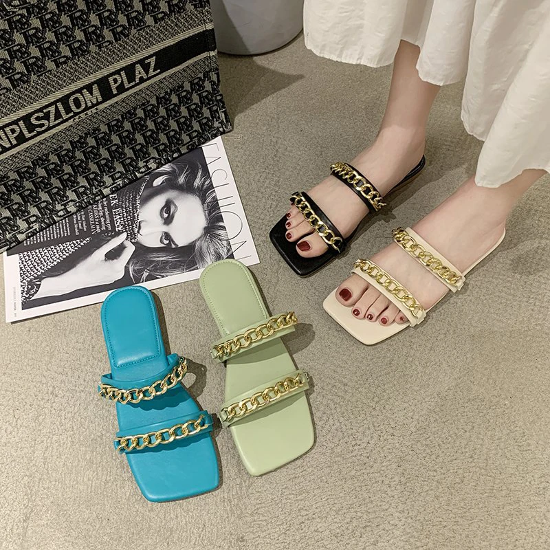 

Women Slippers 2021 Summer Metal Chain Leather Casual Flat Slides Female Shoes Fashion Square Toe Beach Slippers Plus Size 35-43