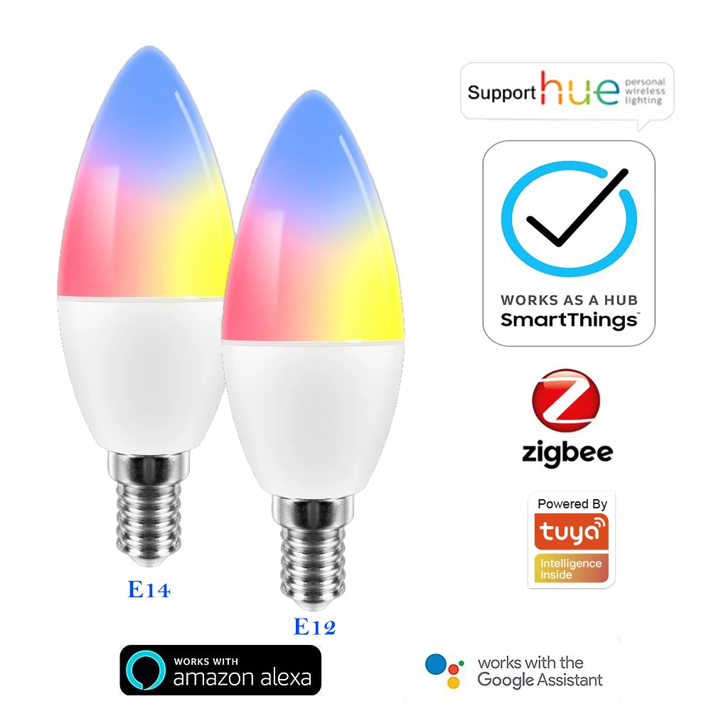 

Tuya Zigbee 3.0 LED Smart Bulb Dimmable E12 E14 RGB CCT Lamp Work with Alexa Echo Google Assistant SmartThings Hue Candle Bulb