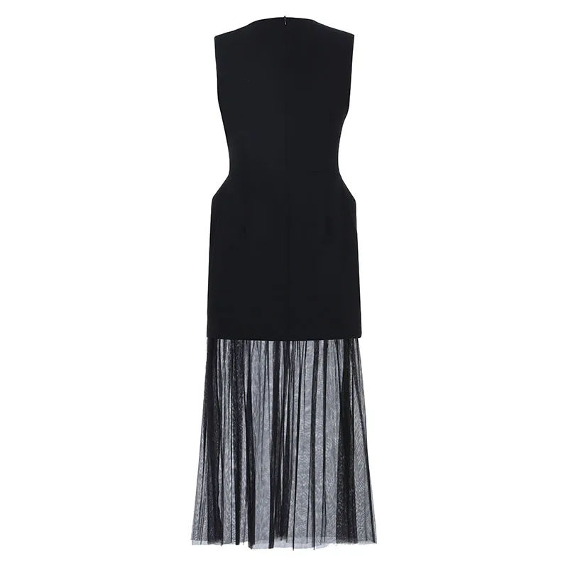 

Max Spri 2019 New Office Lady Fashion O Neck Tank Sleeveless Women Oarty Casual Black Midi Mesh Elegant Dresses