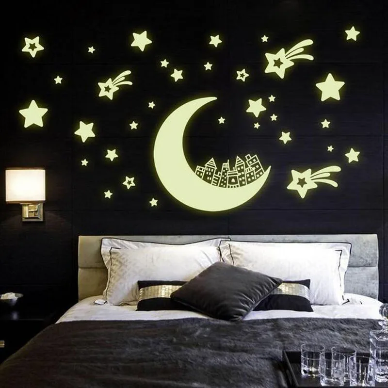 Noctilucent Wallpaper Fluorescent Wall Stick Removable Moon Castle Star Smiley Face Glow in Dark Background Wedding | Дом и сад
