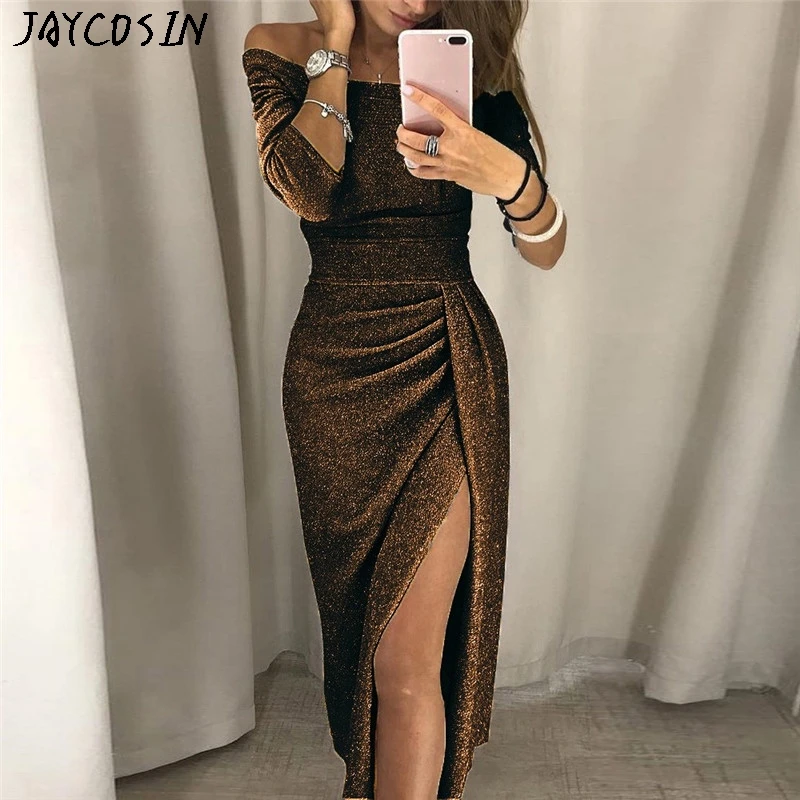 Женское модное Сверкающее тонкое платье с открытыми плечами и высоким разрезом
