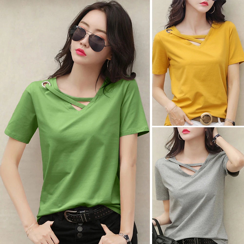 

woman tshirts Solid Color V Neck Short Sleeve Loose T-shirt Summer Casual Tee Top women tshirts