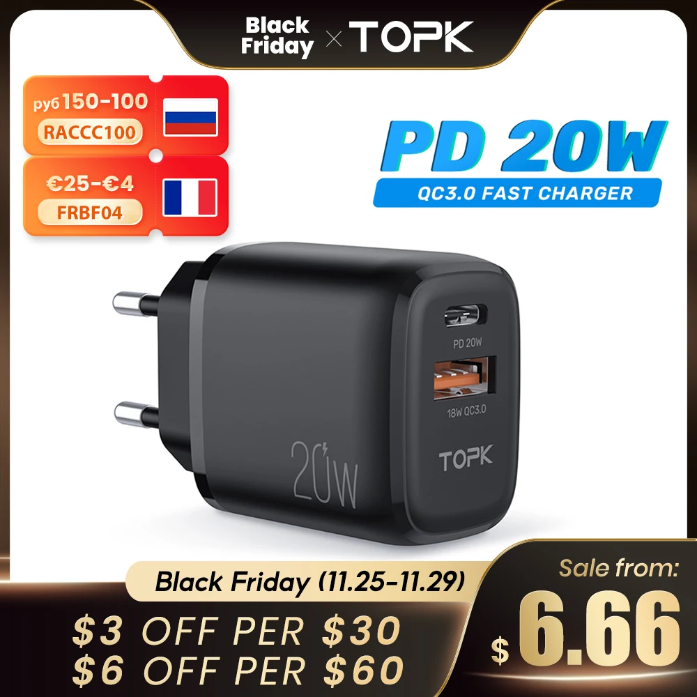 

TOPK B210P 20W USB Phone Charger Portable Type C Charger for iPhone 12 11 Pro Max Quick Charge 3.0 Fast Charge Charger USb Plug