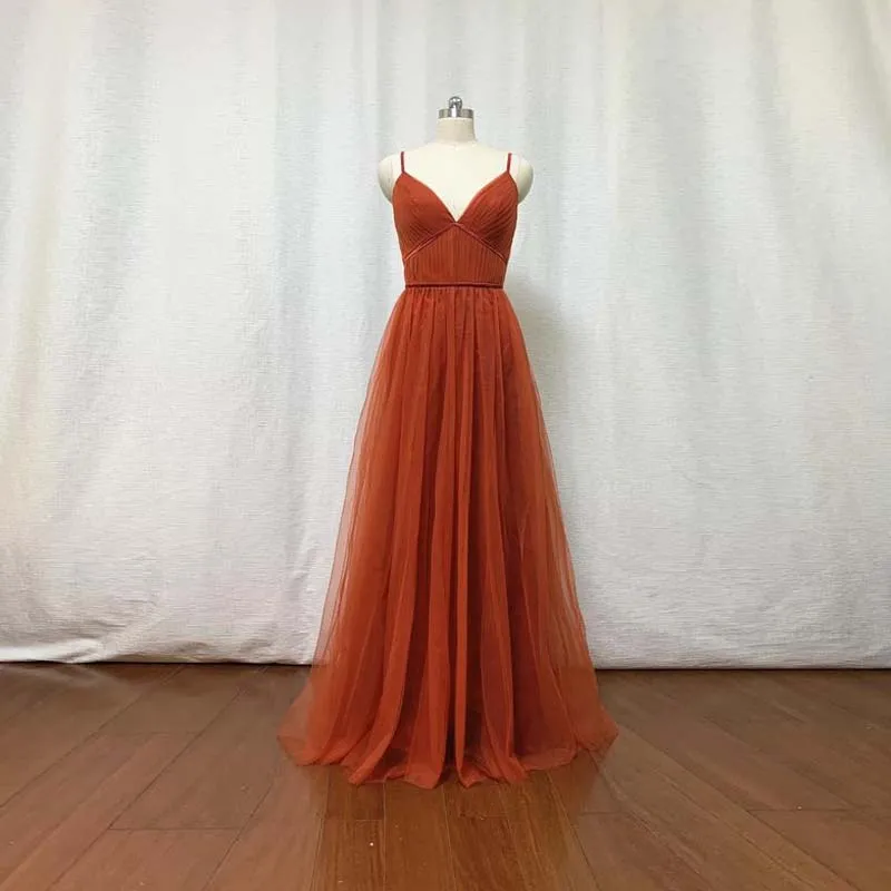 

Burnt Orange Tulle Bridesmaid Dress 2021 Spaghetti Strap Elegant Women Dress for Wedding Party Bestido De Fiesta Voda Para Mujer