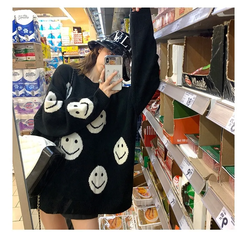 

2021 Spring Woman Sweater Smile Pattern Loose Korean Stylish Women Warm Oversize Casual Mujer Knitted Pullover Jumper Mujer