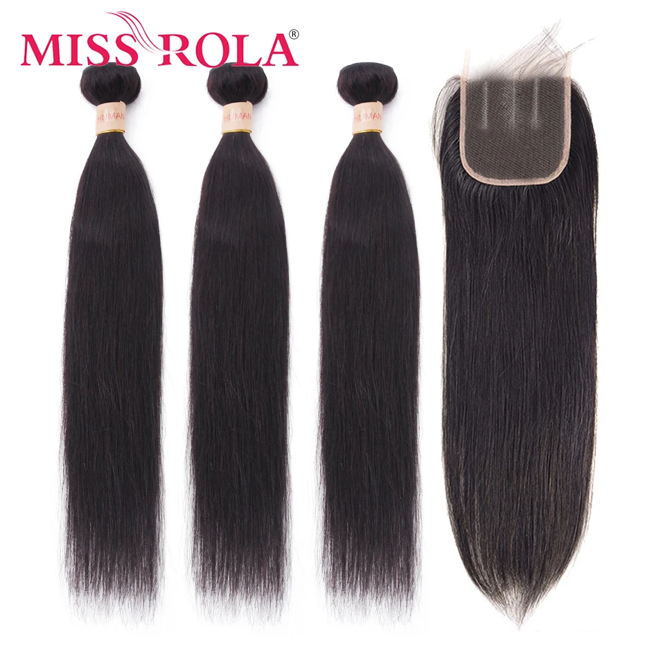 Miss Rola Brazilian Straight Hair Bundles with Closure 100% Human Hair Natural Color Non-Remy Hair 3 Bundles with 4*4Closure