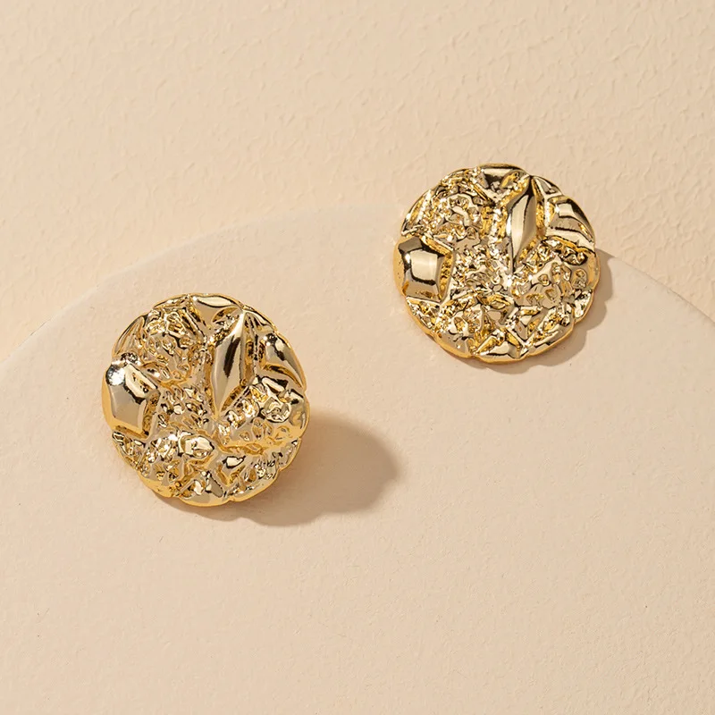 

MOFLO 2022 Hot Design Gold Tone Metal Disc Stud Earring Irregular Surface Solid Round Stud Earrings for Women