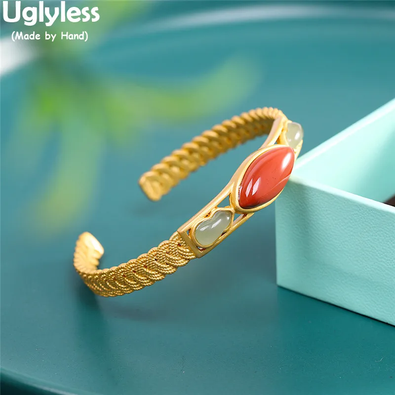 

Uglyless Olive Shaped Agate Bangles for Women Gold Twists Bangles Natural Gemstones Hotan Jade Gourd Ethnic Jewelry 925 Silver