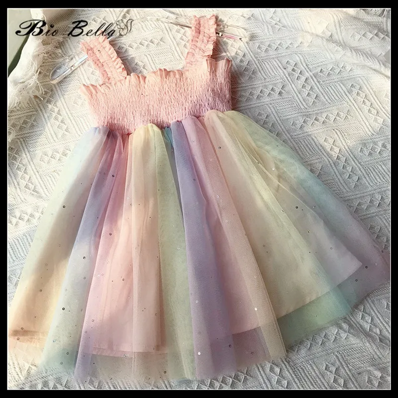 

Biobella Kids Princess Rainbow Dress Party Wedding Tutu Lace Children Girls 2-7 Years Clothes Summer Spring Girls Vestidos Tops