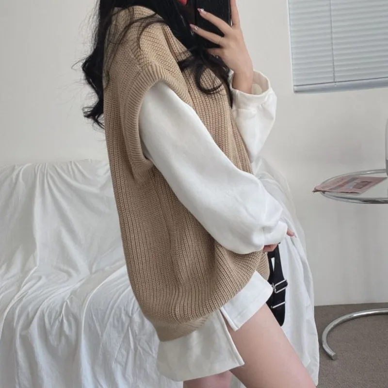 Casual O Puff Long Sleeve White Hoodies Women Wild Loose V Sleeveless Knitted Tops Khaki Sweater Vest Autumn Black Grey Retro |