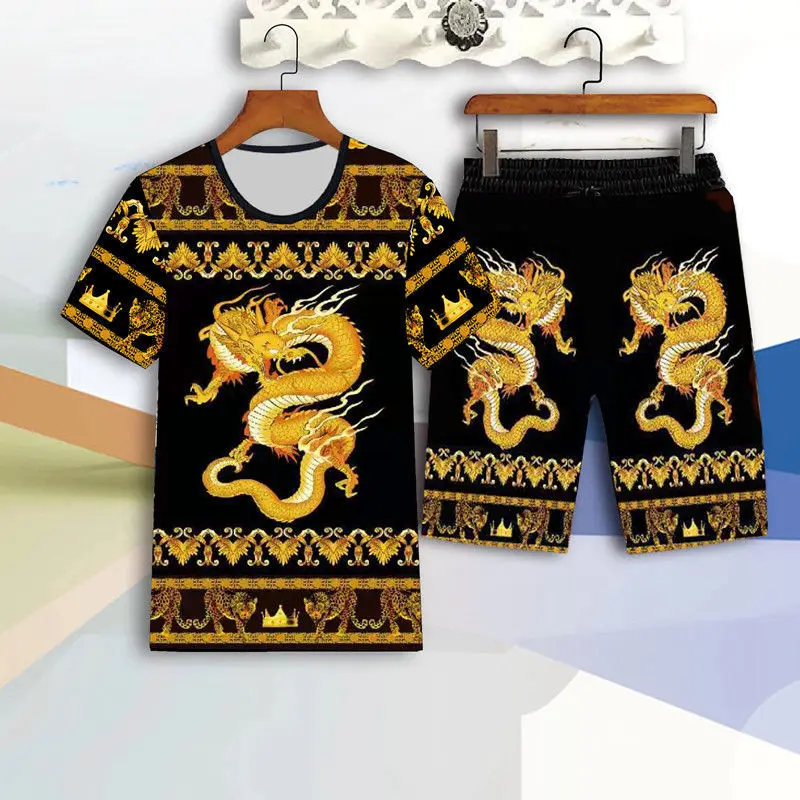 

Summer new men's casual wear suit male 3D carp short-sleeved casual loose T-shirt shorts 2-piece Chinese dragon print suit