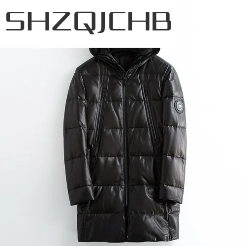 

Мужская длинная куртка SHZQ, теплая куртка из натуральной овечьей кожи, на утином пуху, зима 100%