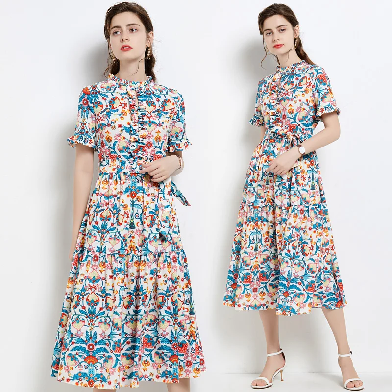 

Fashion Summer Supermodel Catwalk New High-End Women's Clothing Lace-up Slim-Fit Printed Short Sleeve Long Dress