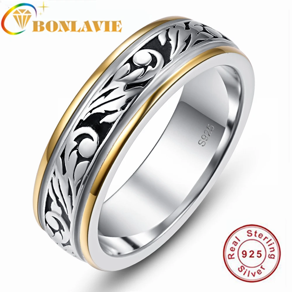 

BONLAVIE 6mm Retro Carved Two-color Plated 925 Silver Ring for Men Women Engagement Wedding Rings