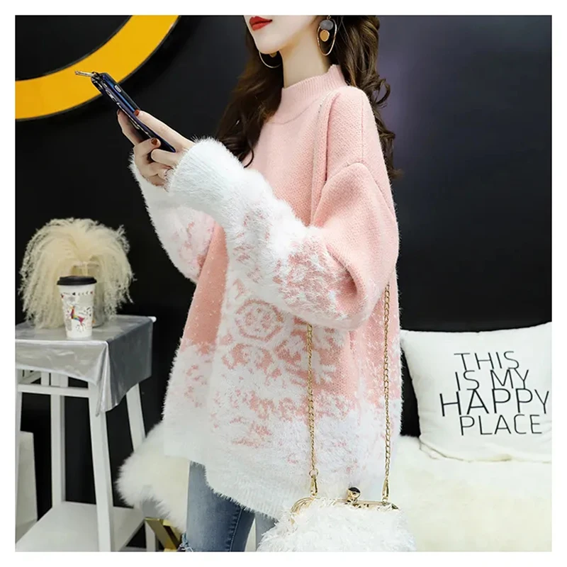 

Autumn and winter Loose Red knitted sweater female Christmas snowflake O-Neck Pullovers Warm knit long sleeve tops for women