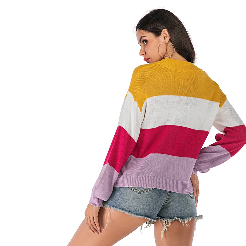 European and American Autumn Winter Women's Knitted Sweater Long-sleeved Wild Color Round Neck Shirt | Женская одежда