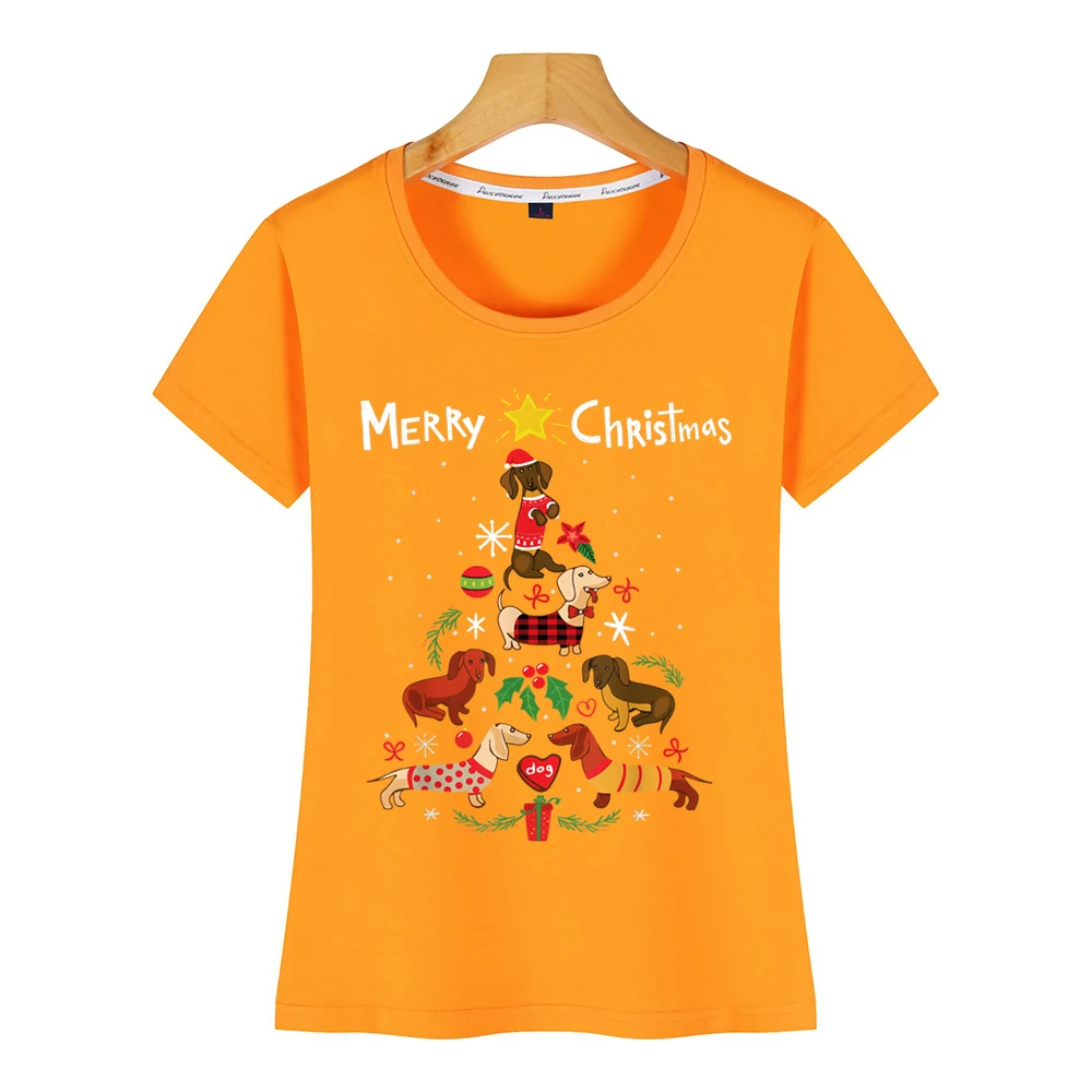 Топы футболки для женщин забавная такса Рождественская елка орнамент деко