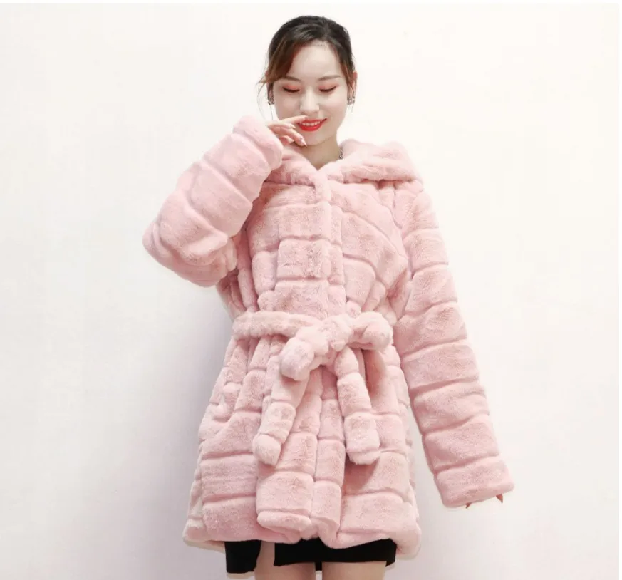 

2019 New Autumn/winter Fur Jacket For Ladies High Quality Faux Rabbit fur Hoodie With Thick Belt For Warm Ladies Jacket