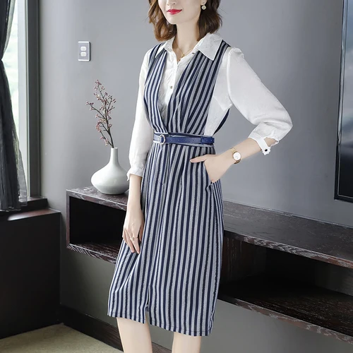 

Fake Two Dress For Women Striped Vestidos De Fiesta De Noche Ensemble Femme Deux Pieces Conjunto Feminino Dress Shirt Robe