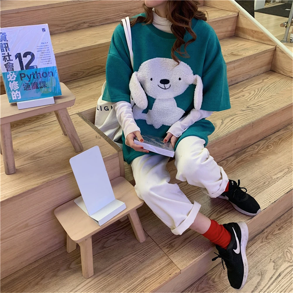 

Spring Summer Femmel Loose T-Shirt Upper Garment Cartoon Puppy Embroidery Sanding Thickening Oversized Middle-Sleeved Girls Top