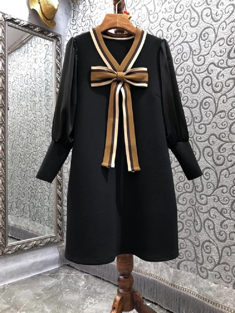 

Bow Tie Elegant Dress 2022 Spring Summer Fashion Style Women Striped Print Color Block Long Sleeve Straight Black Dress Basic