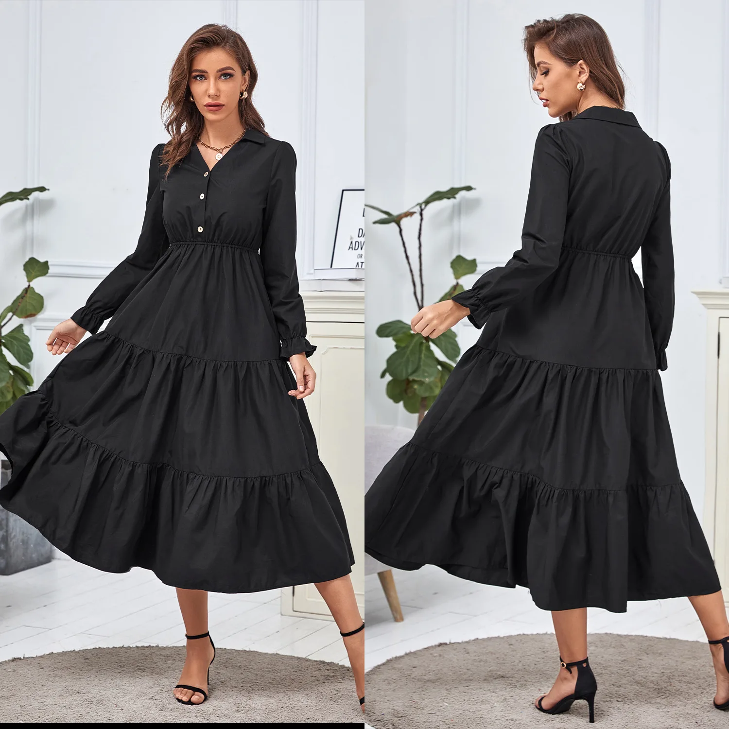 

Elegant Young Style Ruffles Patchwork Solid Dresses Autumn Winter 2022 V-Neck Long Butterfly Sleeve Tunic Ankle Dress for Women