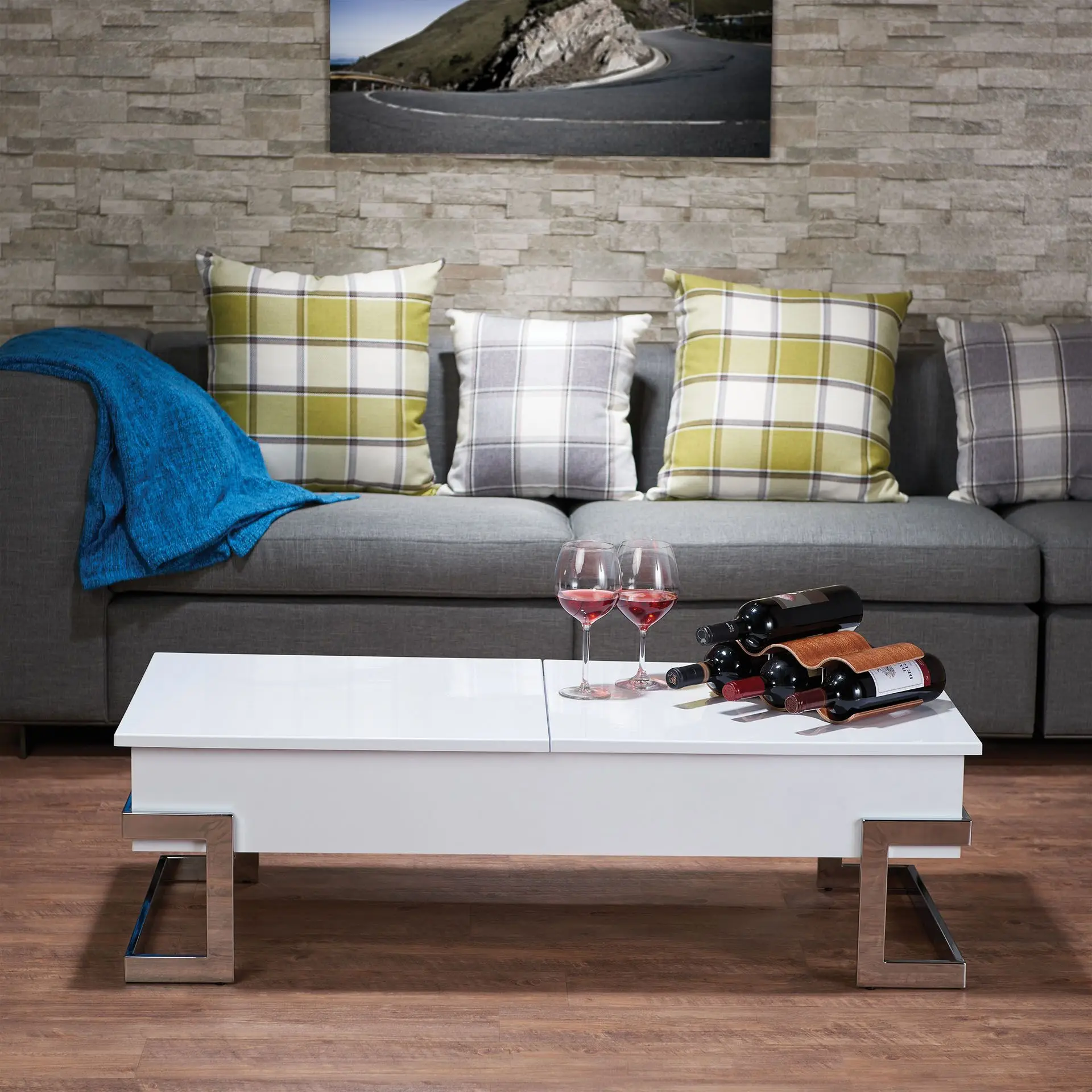 

Calnan Coffee Table Rectangular w/ Lift Top & 2 Storage Compartments White Finish& Chrome Foot[US-Stock]