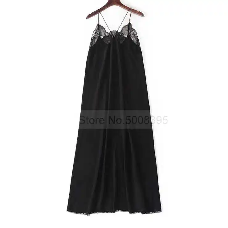 

2021ss Black Sexy Women Dress Silk Jacquard Asymmetric V-neck Thin Straps Lace Trim Long Dress