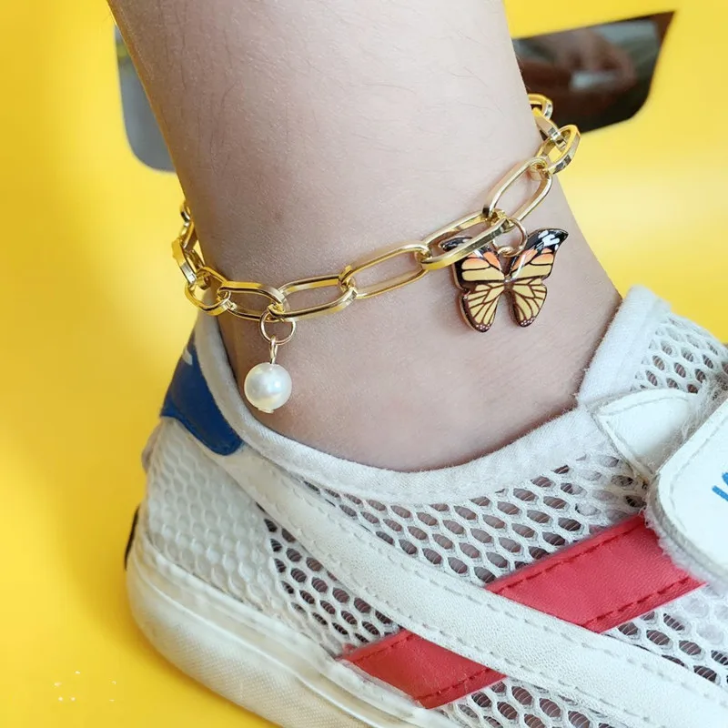 

Dropshipping jewelry summer beach chain pearl foot chain simple ins Style Butterfly foot chain female manufacturer