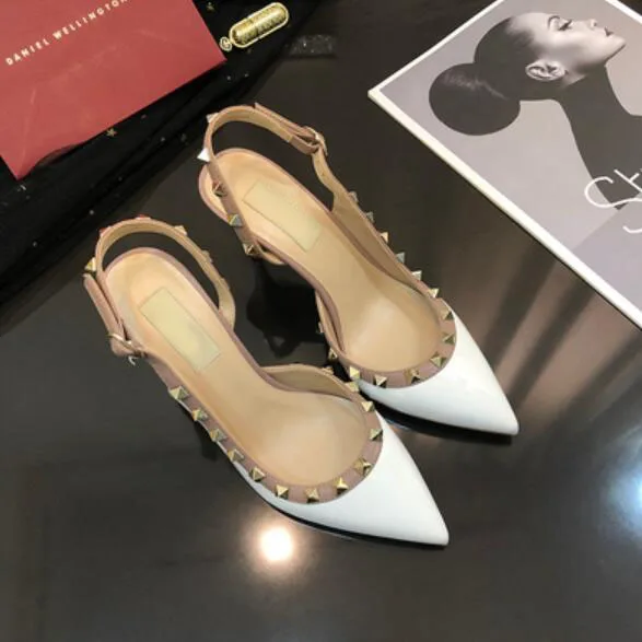 White patent leather Women Dress Shoes rock Patent High Heels stud Pumps Rivets Real Leather Pointed Toe Wedding Shoes Gift Party Shoes - Цвет: White patent leather