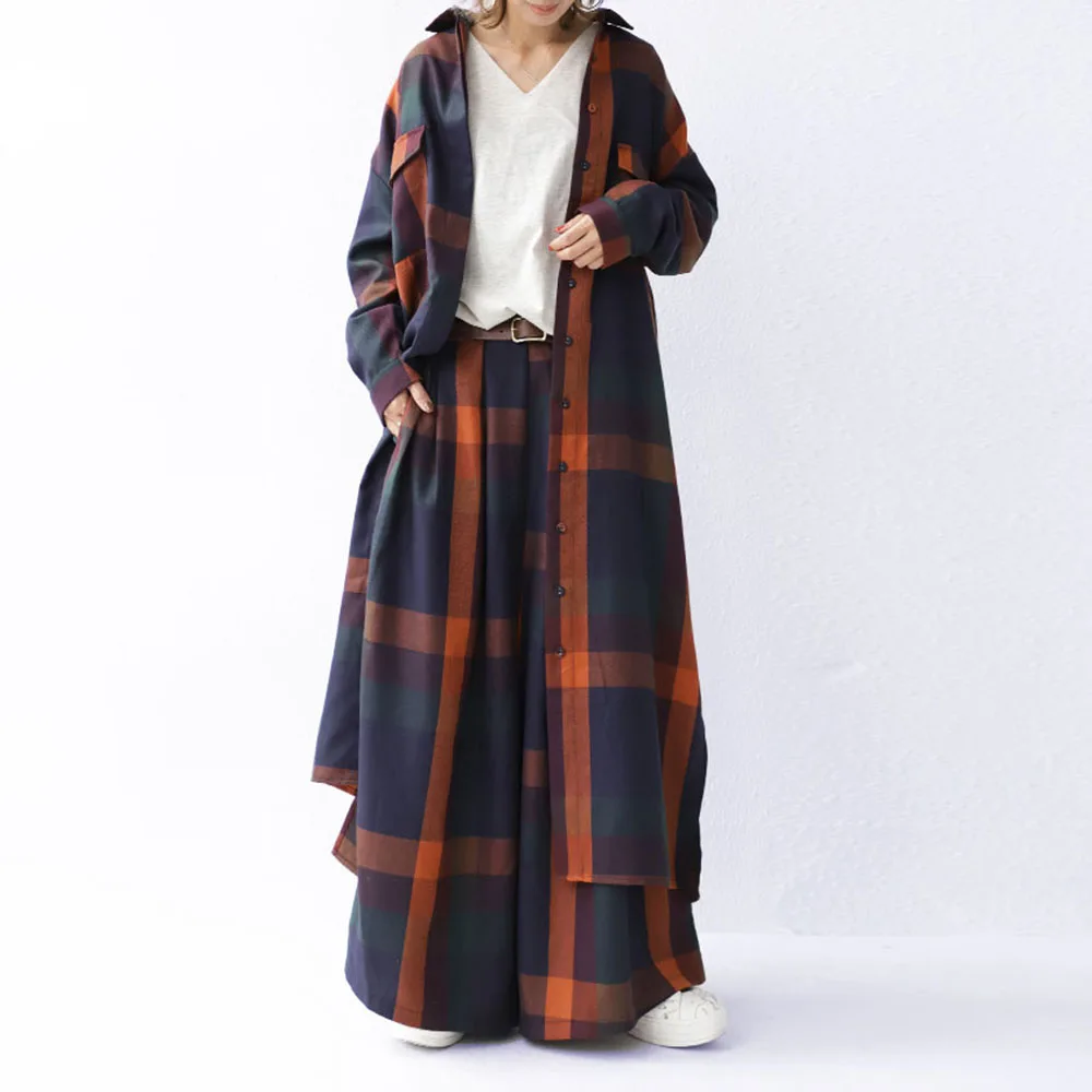 

Two Piece Sets Blouse Shirts Wide Legs Fashion Women for 2021 Casual Plaid Coat Japanese Patchwork Lapel Suits Female Clothing