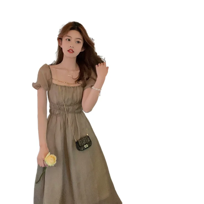 

French Vintage Midi Dress Women Casual Square Collar Short Sleeve Elegant Dress Femae 2021 Summer Party One Piece Dress Korean