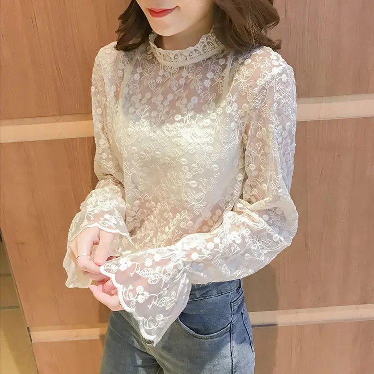 

Blouse Women Lace Shirt Women's Spring Autumn Mesh Lace Collar Top Long Sleeve Blusas Mujer De Moda