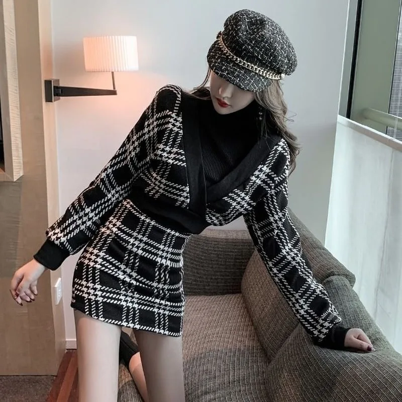 Autumn Winter Plaid Suit Skirt Two-Piece Suit Temperament V-neck Top High Waist Hip-Wrapped Skirt Two Piece Outfits for Women  - buy with discount