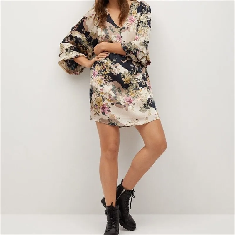 

With Print Dresses Long Vestidos V-Neck Lining Bubble Elastic Sleeve Dress Oriental Women Female ZXQJ Cuff Fashion Vintage