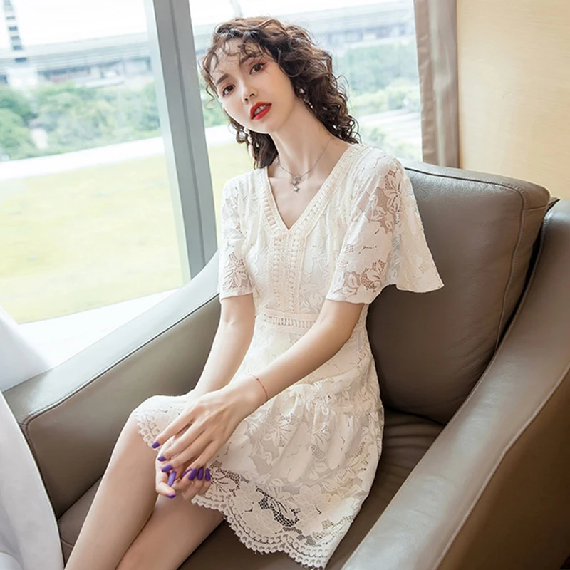 

new arrival fashion party dress women elegant summer sexy v-neck short sleeve lace simple temperament slim mini a-line dress