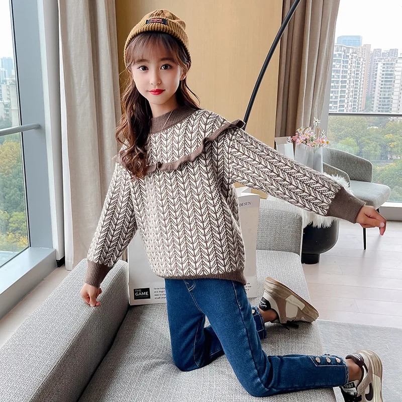 

2022 Autumn Semi-turtleneck Knit Sweatshirt Children Cute Sweet Ruffle Sweater Vintage Long Sleeve Top Kids Girl Bottoming Shirt
