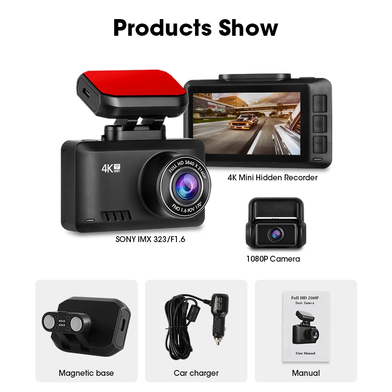 

JMCQ 2.45" Dash cam 4K Front and Rear Camera WIFI Screen FHD 2160P Wifi Gesture Photo GPS Track Playback Registrar Sony IMX323
