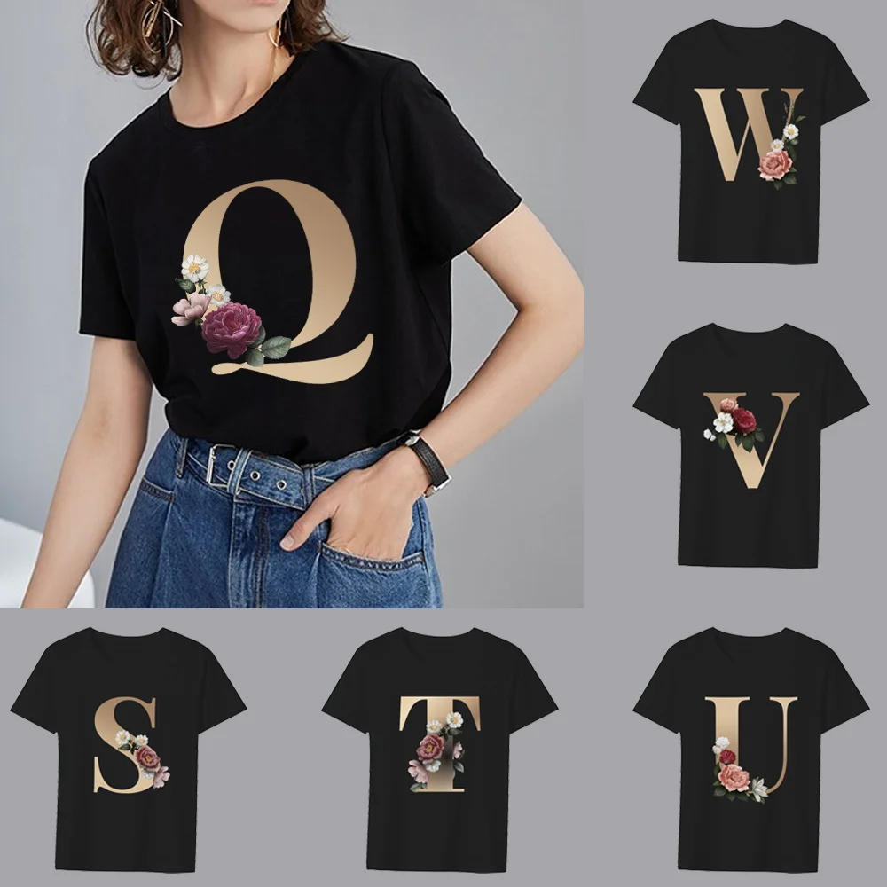 

26 English Alphabet Printing Series Casual Slim Tops Commuter Vogue Harajuku Ladies Short Sleeves Women's Summer Black T-shirt